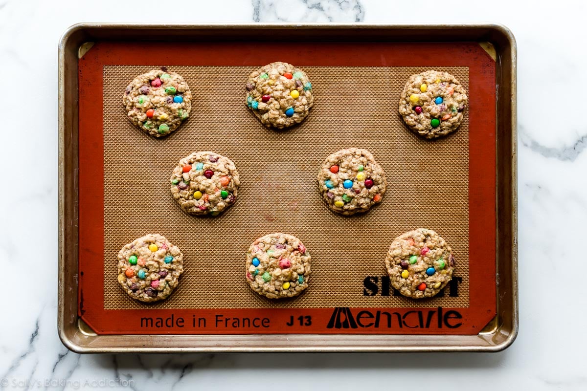 oatmeal M&M cookies on baking sheet