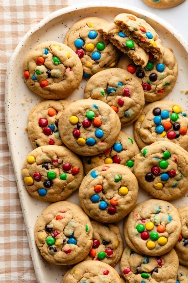 peanut butter M&M cookies on platter.