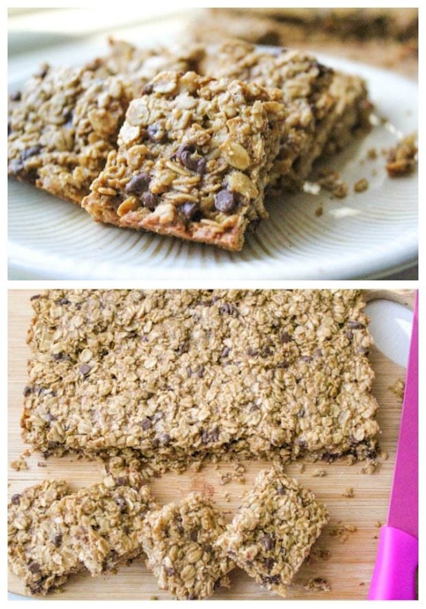 two images of chocolate chip cookie granola bars
