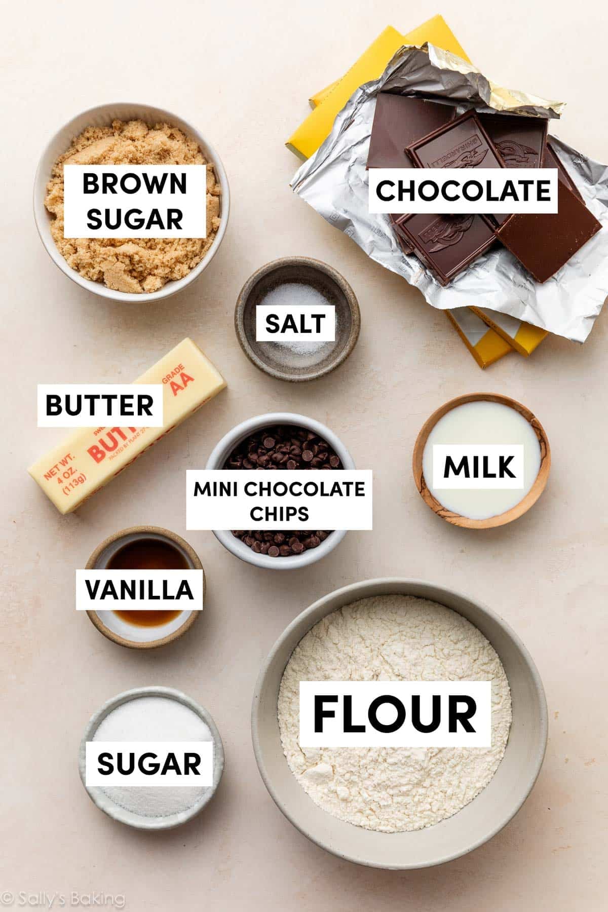 ingredients measured out including milk, flour, sugar, vanilla, butter, salt, and brown sugar.