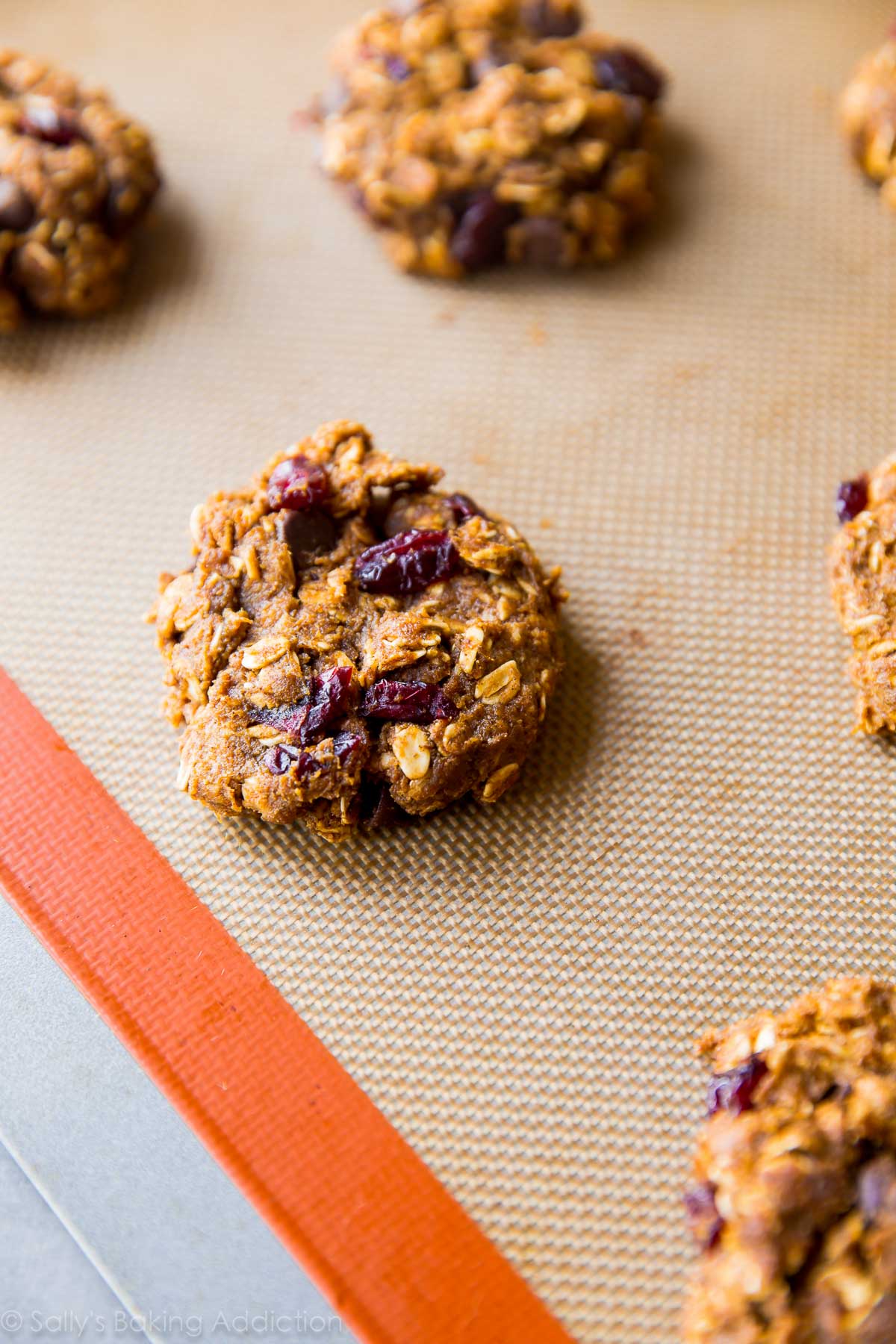healthy pumpkin chocolate chip oatmeal cookie dough on a baking sheet before baking