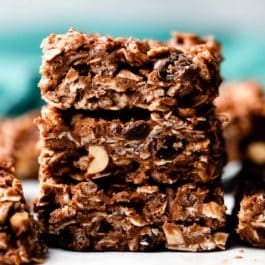 stack of 3 chocolate fudge oat bars.