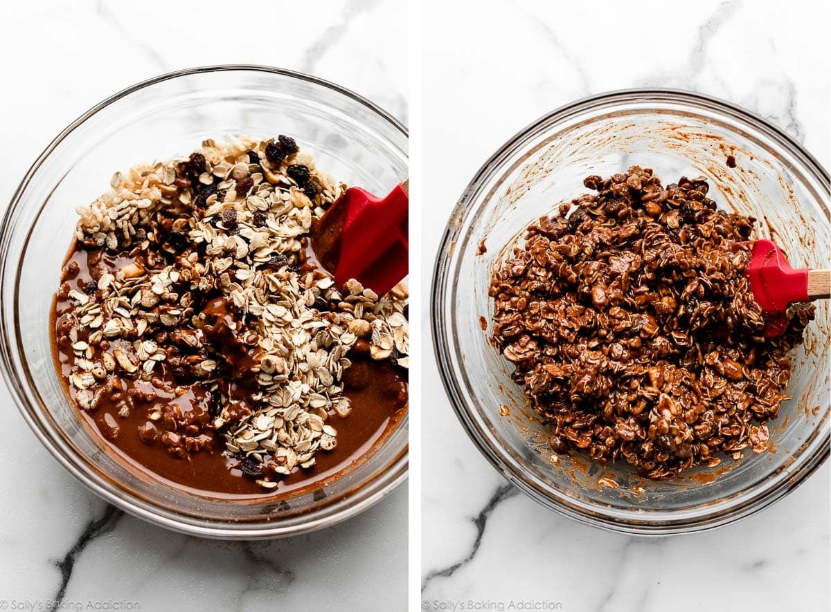 oats in chocolate mixture in glass bowl and shown again mixed together with a red spatula.
