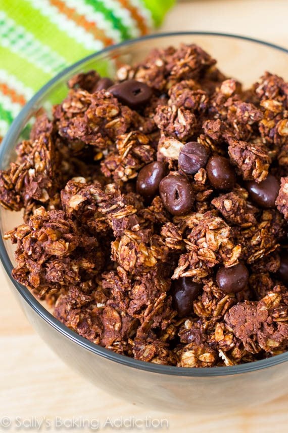 triple chocolate crunch granola in a glass bowl