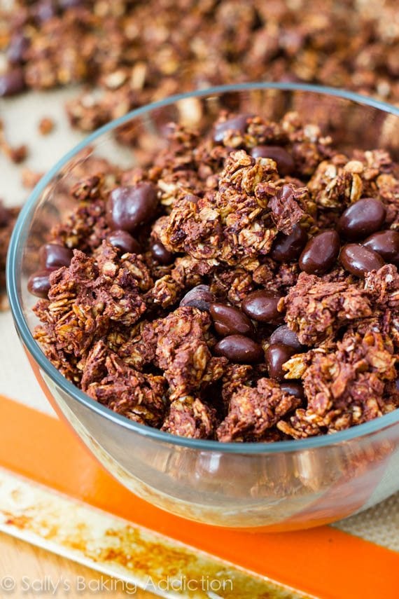 triple chocolate crunch granola in a glass bowl