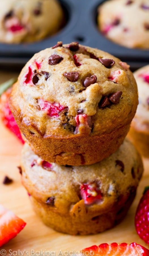 stack of 2 strawberry chocolate chip muffins