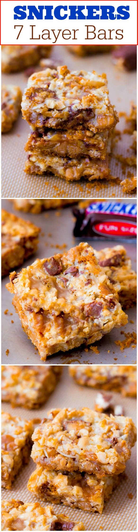 3 images of caramel Snickers 7 layer bars