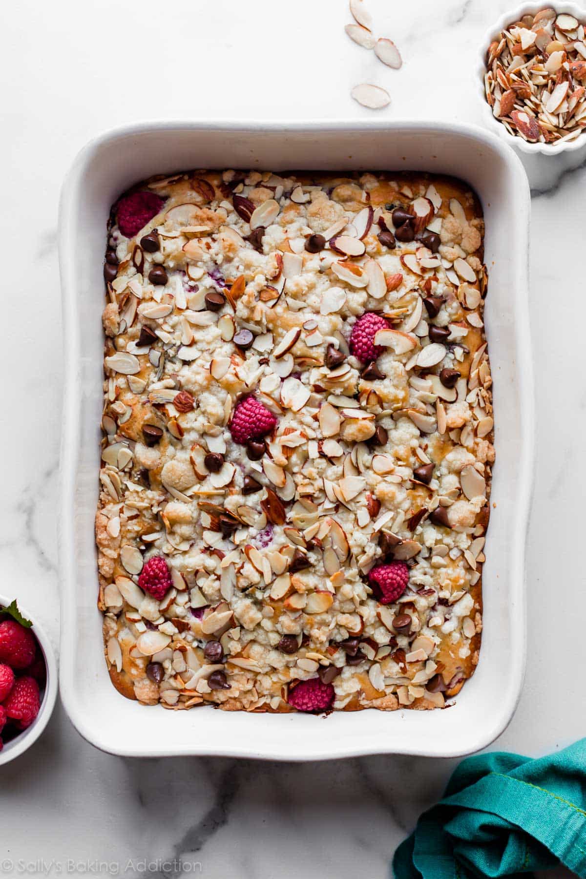 dark chocolate raspberry coffee cake in baking pan