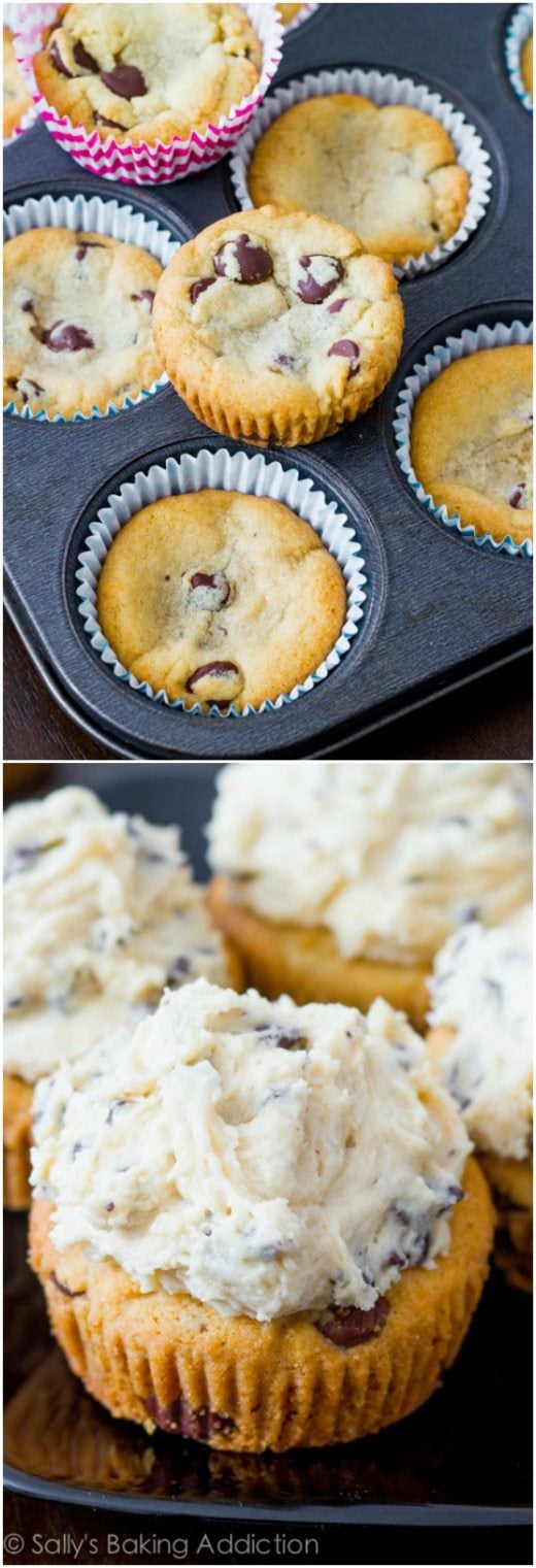 2 images of chocolate chip cookie cups in a cupcake pan and chocolate chip cookie cups topped with cookie dough frosting