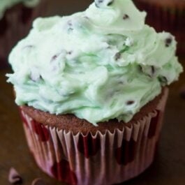 chocolate cupcake topped with mint chip frosting