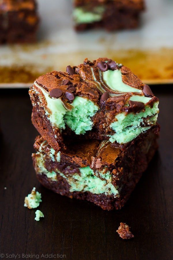 stack of mint chocolate chip cheesecake brownies