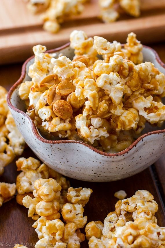 peanut butter caramel corn in a ceramic bowl