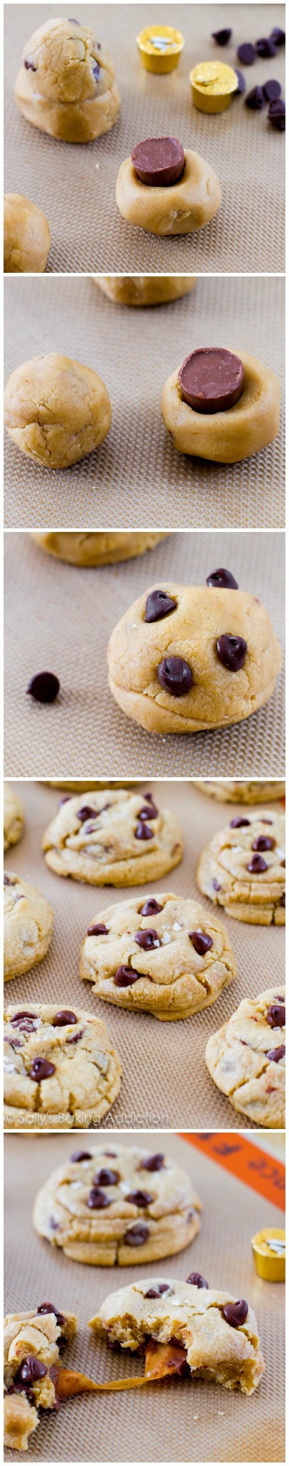collage of photos showing how to make salted caramel chocolate chip cookies