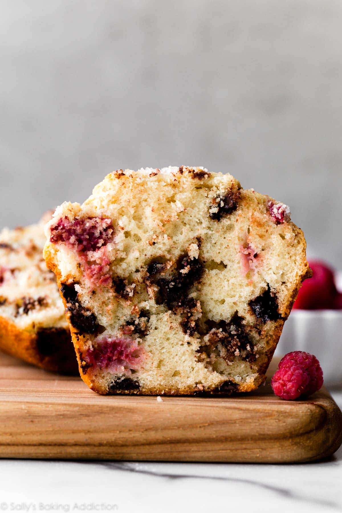 center of a jumbo raspberry chocolate chip muffin