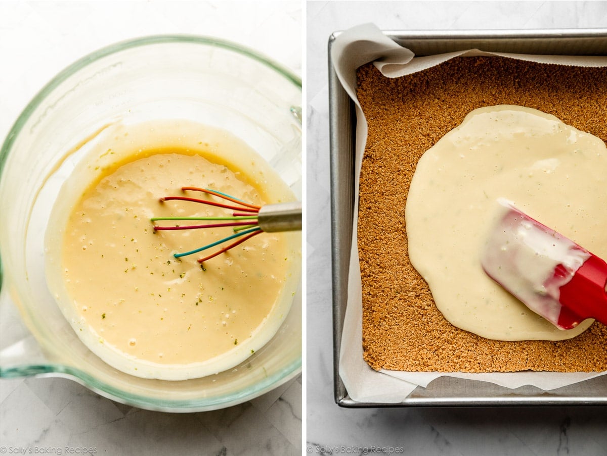 batter with lime zest in glass bowl and shown again being spread on graham cracker crust.