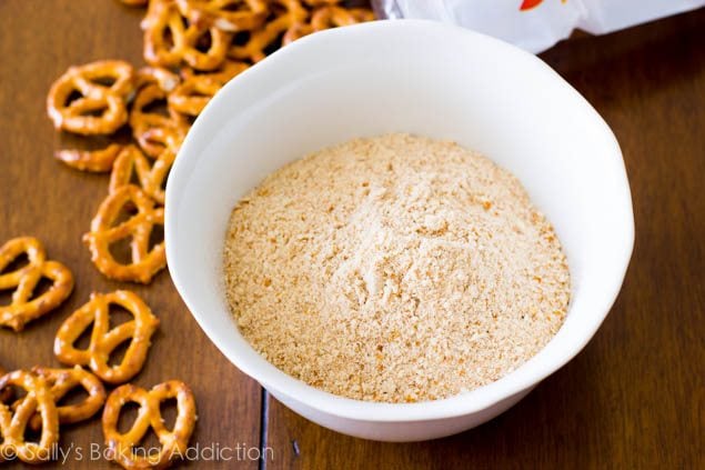 crushed pretzels in a white bowl