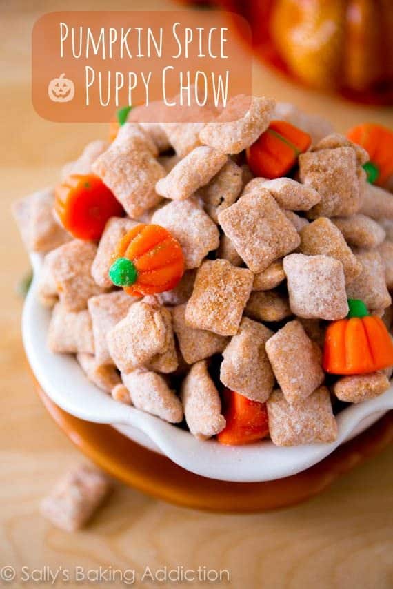 pumpkin spice puppy chow in a bowl