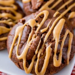 chocolate cookies with peanut butter drizzle on a white plate
