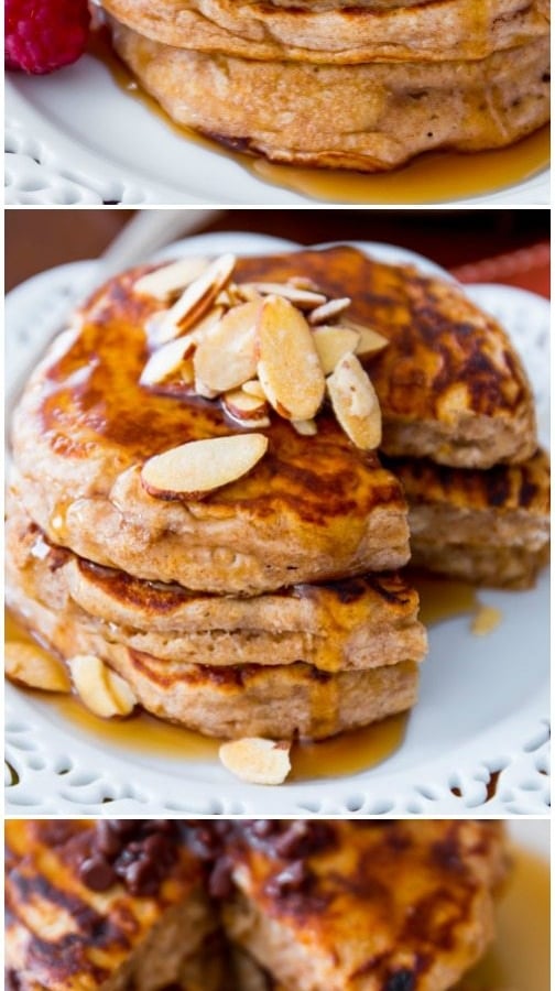 3 images of stacks of whole wheat pancakes