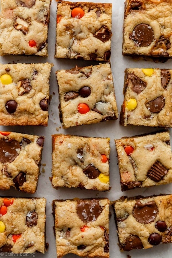 candy bar blondies cut into squares.