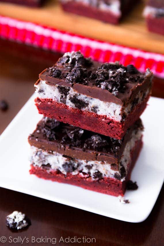 stack of 3 red velvet Oreo brownies