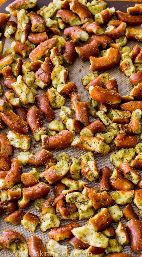 seasoned pretzels on a silpat baking mat