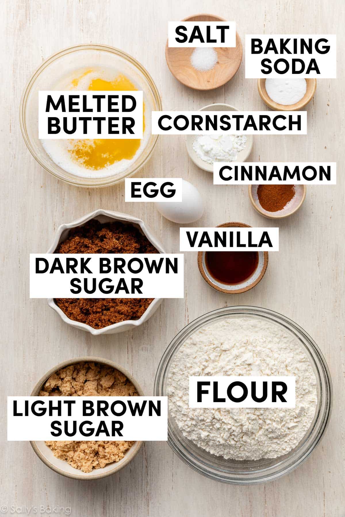 ingredients in bowls including flour, cinnamon, cornstarch, melted butter, and cinnamon.