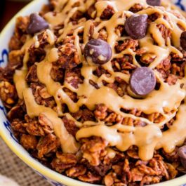 chocolate peanut butter granola in a colorful bowl