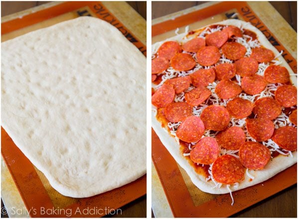 2 images of pepperoni pizza roll dough rolled into a rectangle and rectangle of dough with pepperoni pizza toppings