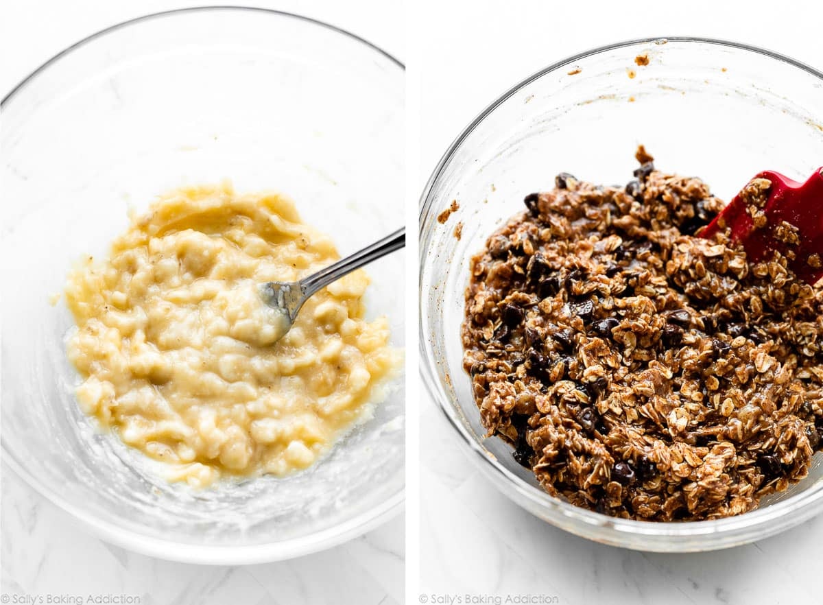 mashed banana in bowl and banana oatmeal chocolate chip mixture in another bowl.