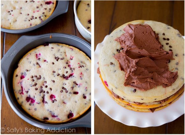 2 images of raspberry chocolate chip cake in a cake pan and layers of cake with chocolate frosting in between them and on top on a white cake stand