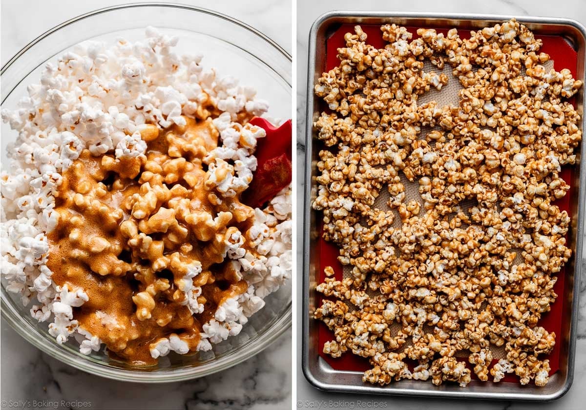caramel sauce poured on popcorn and shown again spread onto baking sheet.