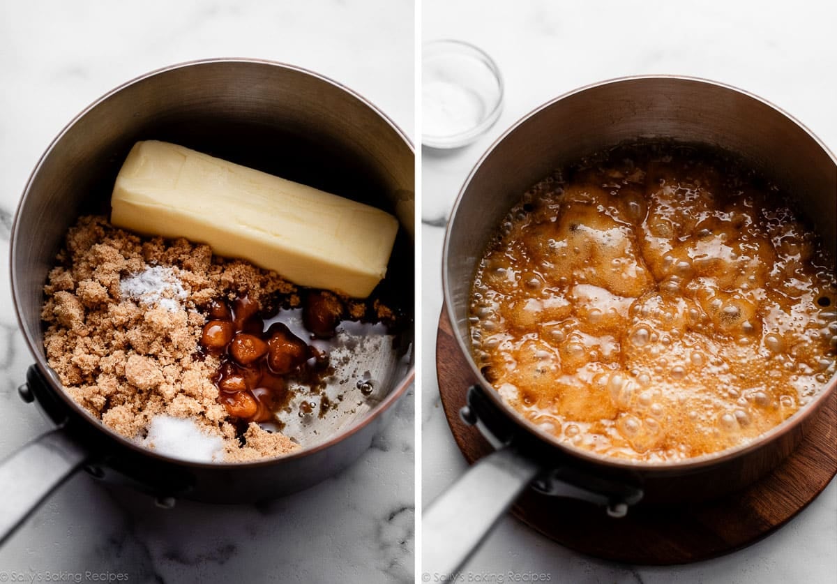 butter, corn syrup, salt, and brown sugar in pot and shown again bubbled and cooked.