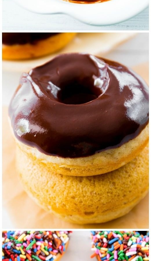 3 images of chocolate frosted donuts including chocolate glaze in a white bowl and frosted donuts