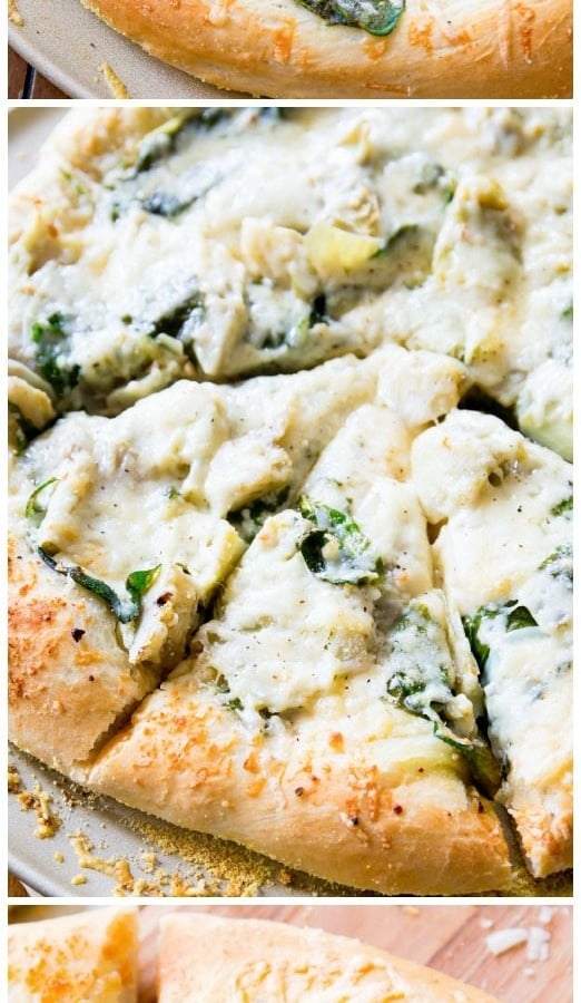 3 images of spinach artichoke pizza