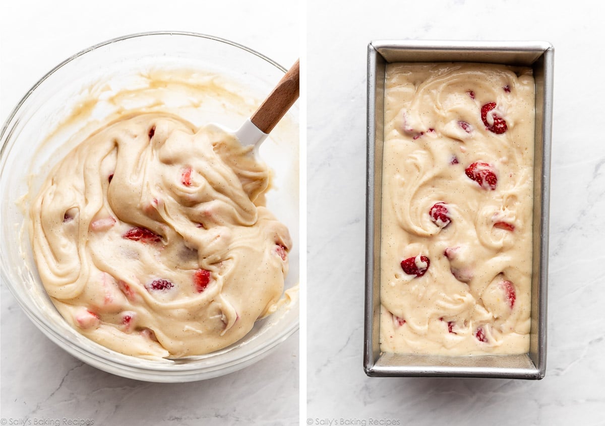 vanilla bean and berry batter in bowl and shown again in loaf pan.
