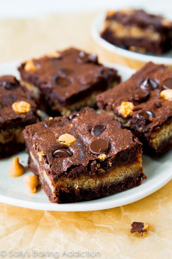 peanut butter stuffed brownies on a white plate