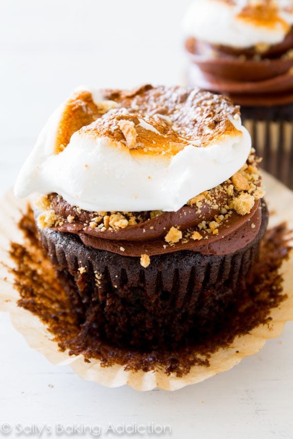 chocolate cupcakes topped with chocolate frosting, crushed graham crackers, and a toasted marshmallow