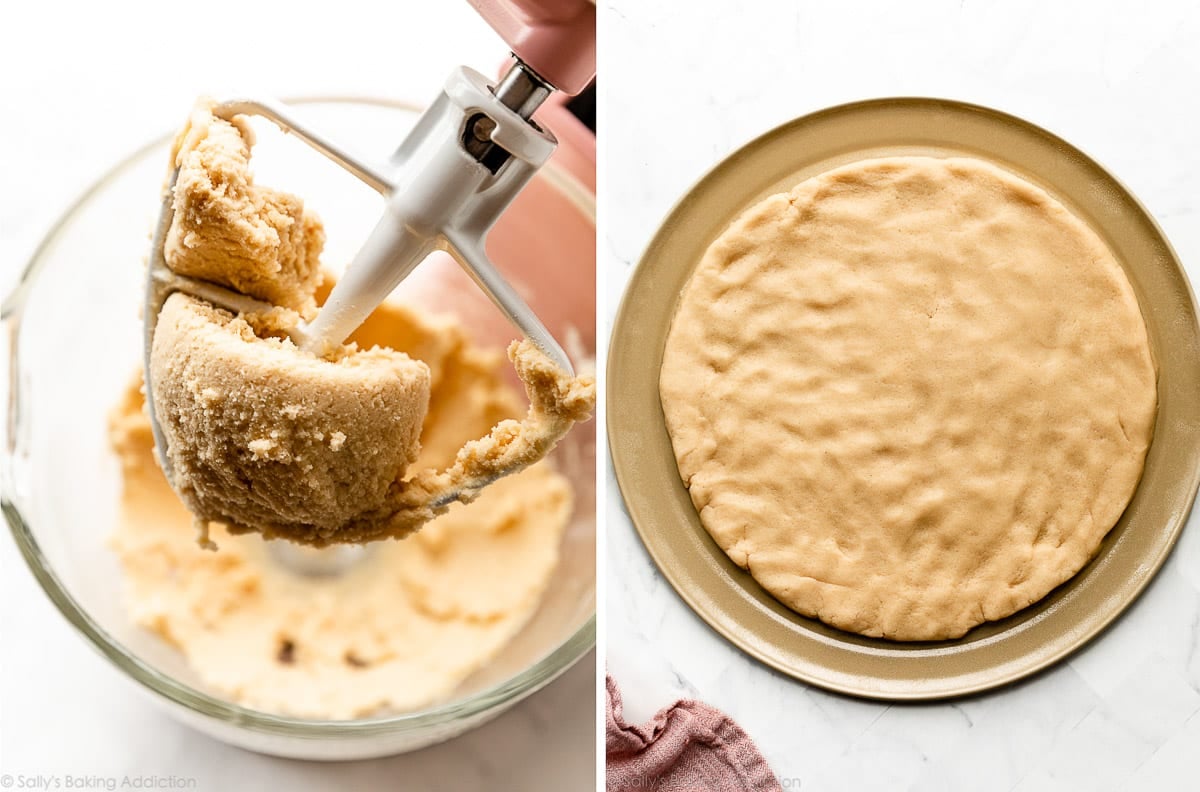 sugar cookie dough on mixer paddle attachment and pressed onto pizza pan.