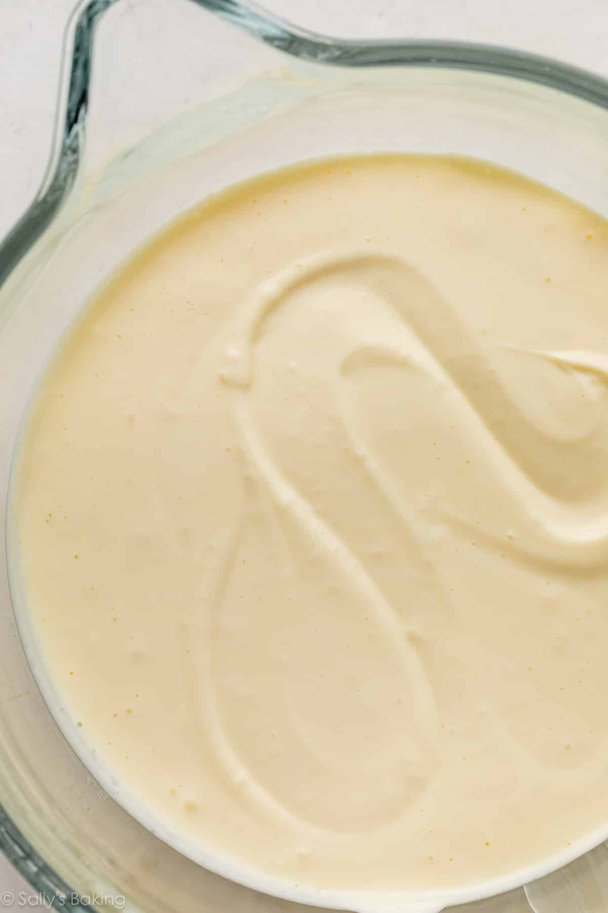 cheesecake batter in glass bowl.