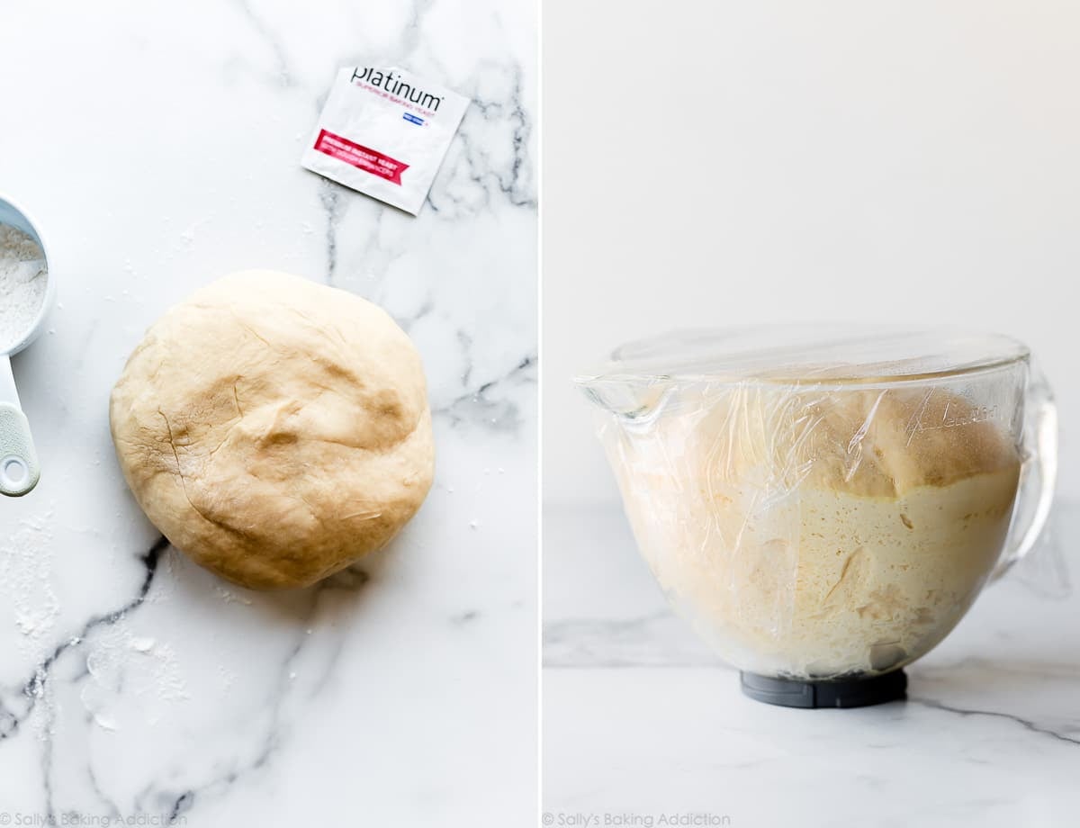 2 images of monkey bread dough on counter and in glass bowl