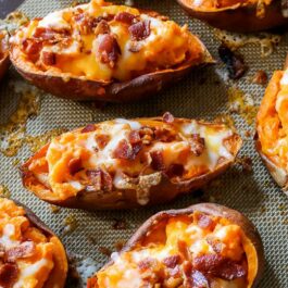loaded sweet potato skins on a silpat baking mat