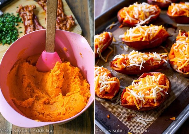 2 images of sweet potato mixture in a pink bowl with a spatula and filled sweet potato skins on a baking sheet before baking
