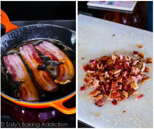 2 images of bacon strips in a skillet and chopped bacon on a white cutting board
