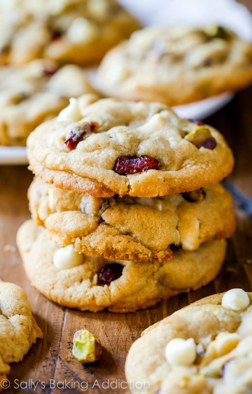 stack of white chocolate cranberry pistachio cookies