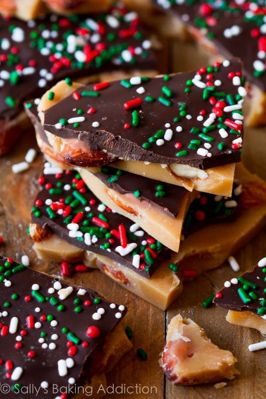 salted dark chocolate almond toffee with christmas sprinkles