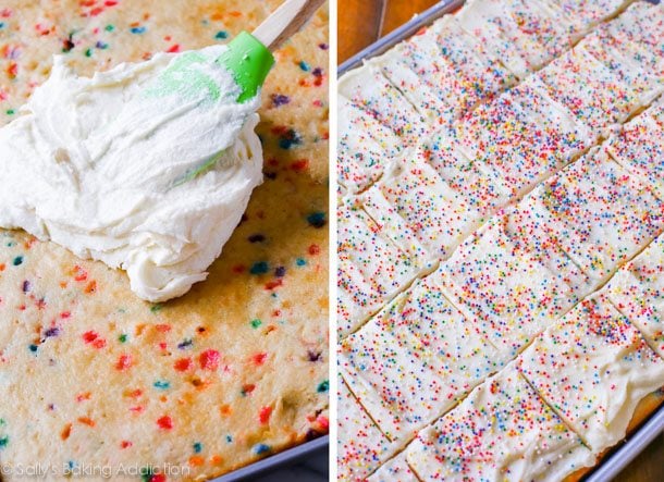 2 images of spreading frosting onto funfetti sheet cake and frosted sheet cake topped with sprinkles in a pan