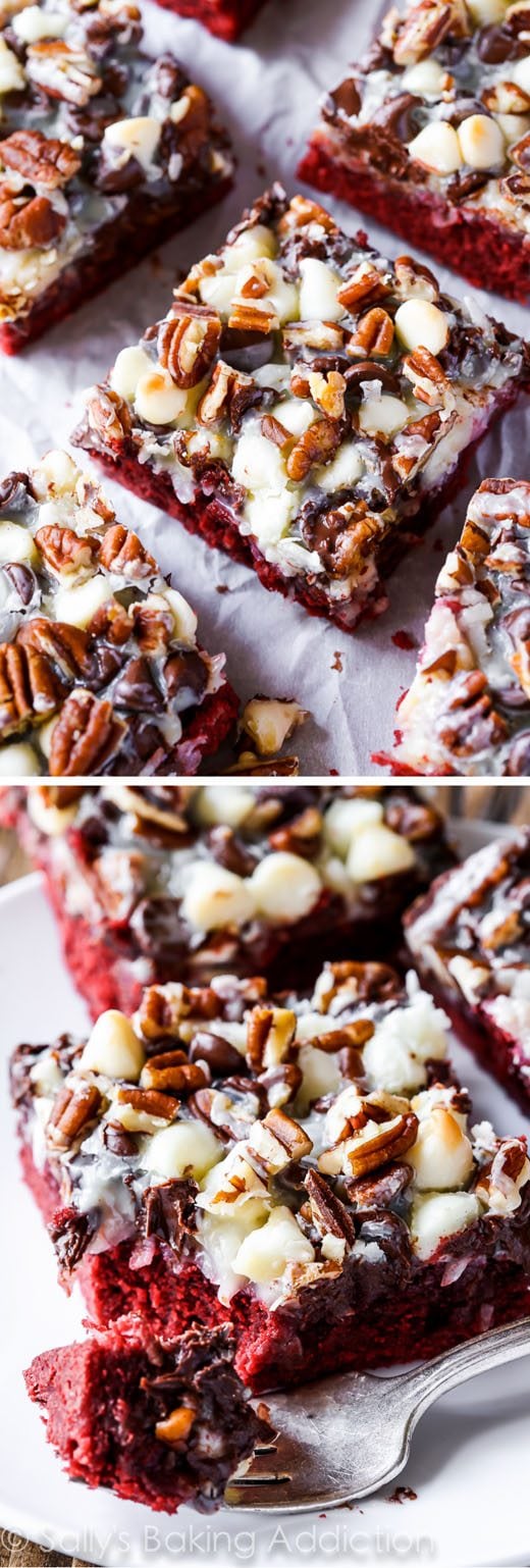 2 images of red velvet seven layer bars