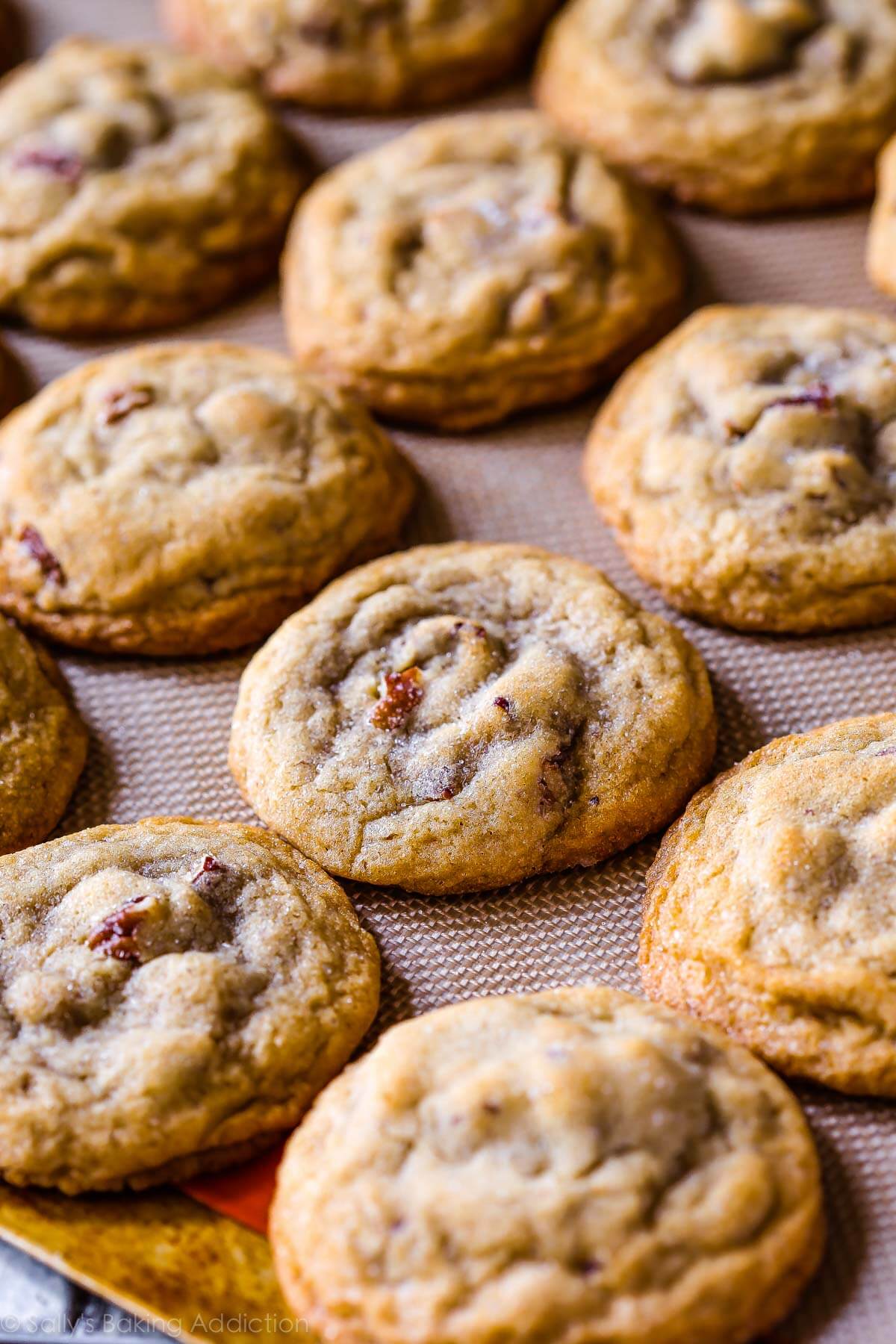 butter pecan cookies on a baking sheet after baking