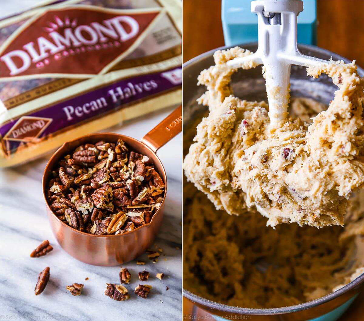 2 images of pecans in a measuring cup and cookie dough in a bowl with a paddle attachment